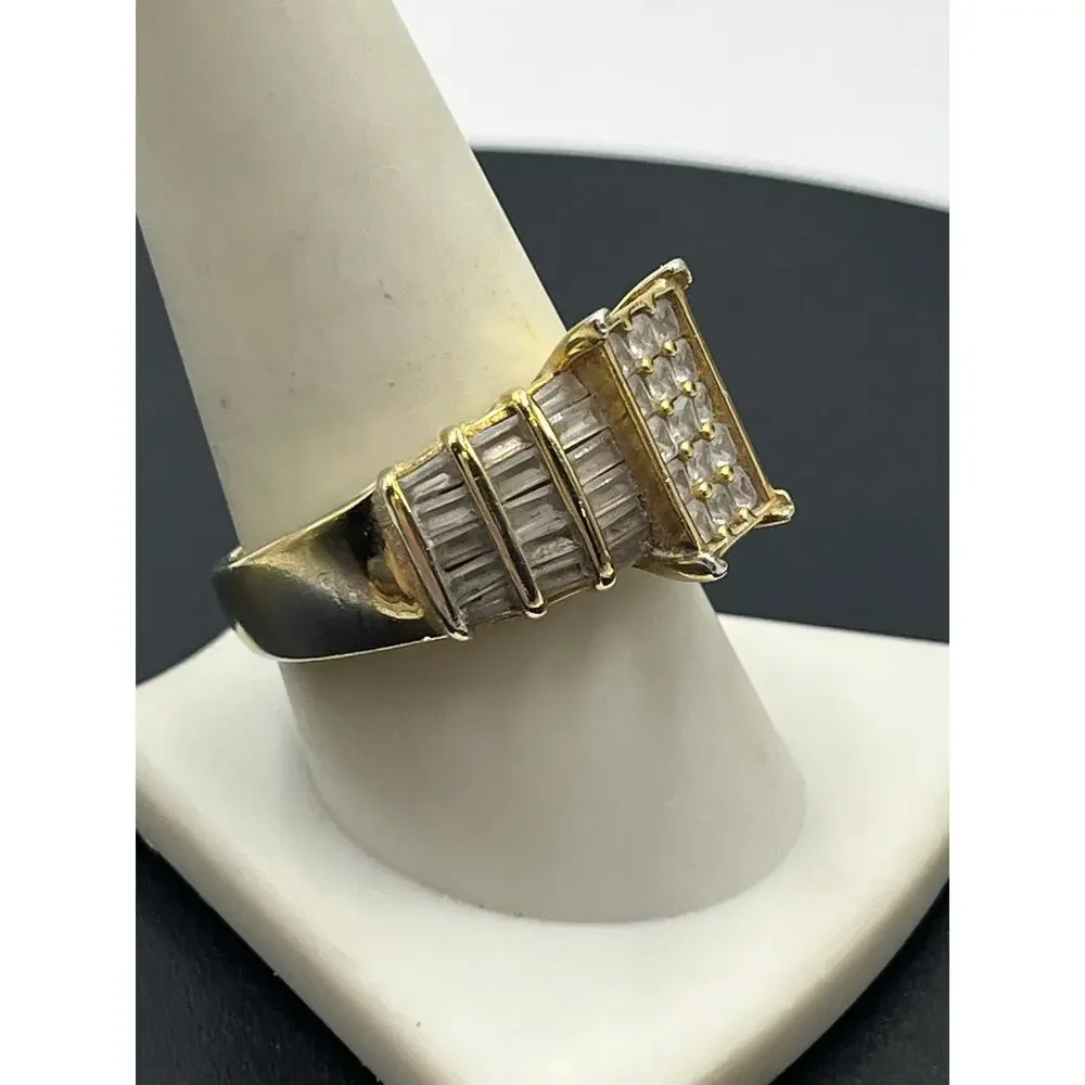 Vintage Sterling Silver Gold Vermeil CZ Multi-Stone 7.4g Cocktail‎ Ring Sz 10.25